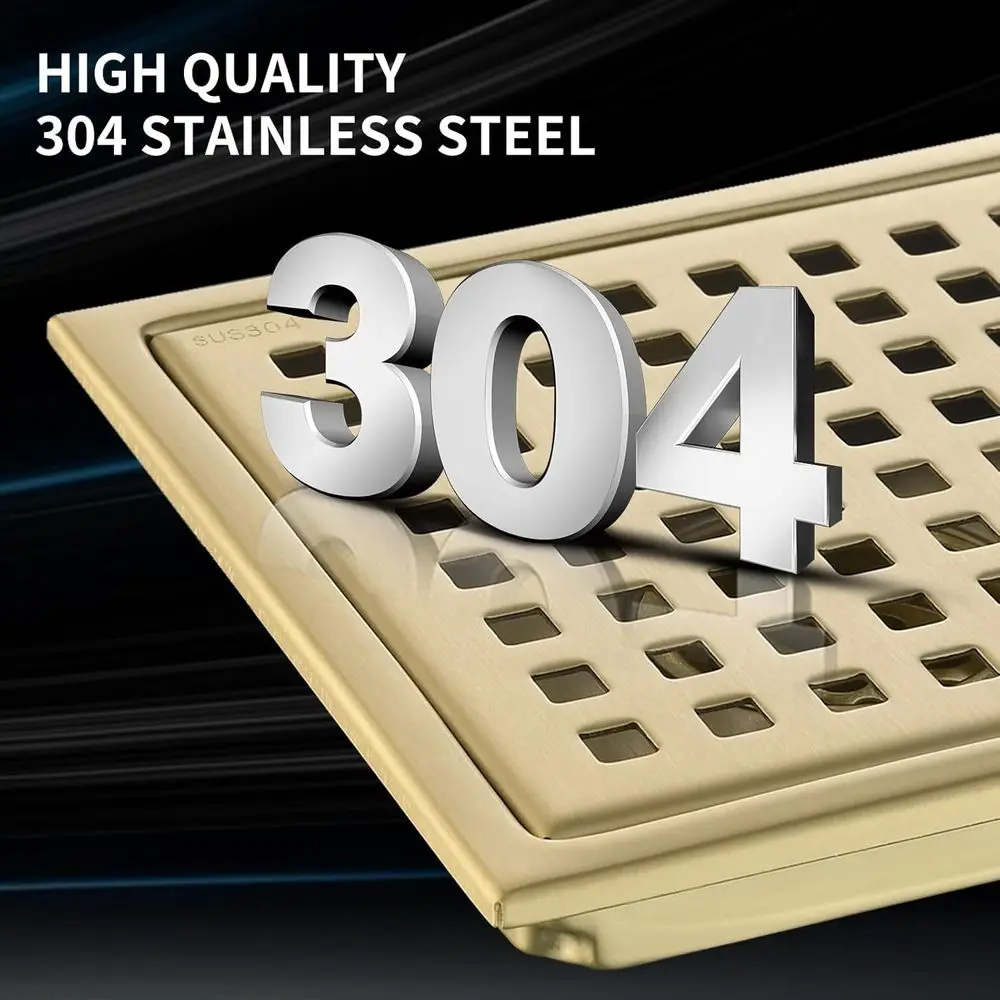 6 Inch Dual Shower Drain with Brushed Gold Square Grate, Removable Cover and Hair Filter for Bathroom, Kitchen, and Balcony