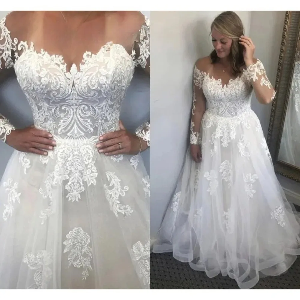

Customized Long Sleeves Sheer Neck Europe A line Bride Dress Robe De Mariée Beautiful Lace Appliques Wedding Dresses W1347