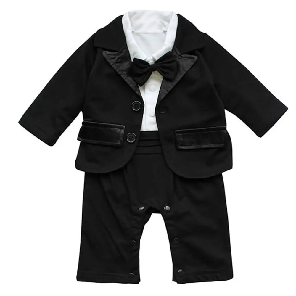2Pcs/Set Black Tuxedo Gentleman Boss Baby Clothes Striped Vest Bow Tie Boy Suit Set Outerwear Set Romper Bodysuit