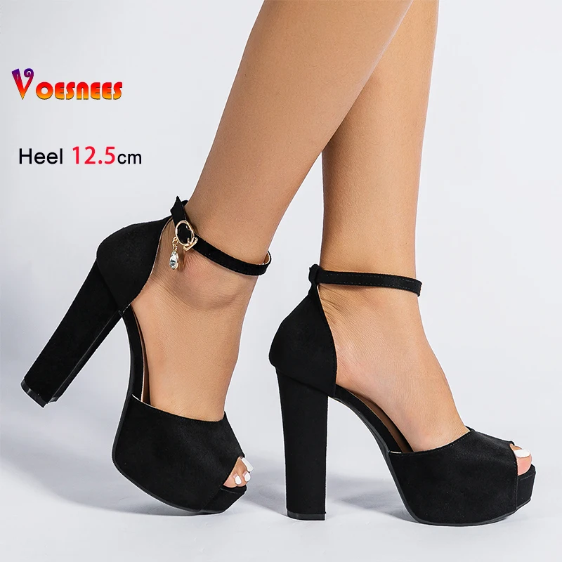 غطاء كعب الصنادل النساء حجم كبير الصيف اللمحة تو عالية الكعب 12.5 سنتيمتر الإناث منصة الجلد المدبوغ الكاحل حزام نموذج عرض الصنادل الأسود