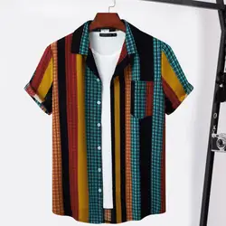 Men Shirt Hawaiian Beach Clothes Contrast Color Vintage Striped Short Sleeves Single-breasted Cotton Pocket Summer Top Clothes