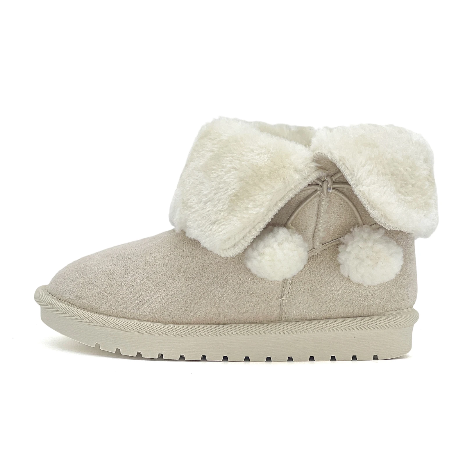 Kids Winter Boots Boys Girls Fold Over Faux Fur Cuff Pom Pom Faux Suede Upper Warm Plush Lining Snow Style Ankle Boots