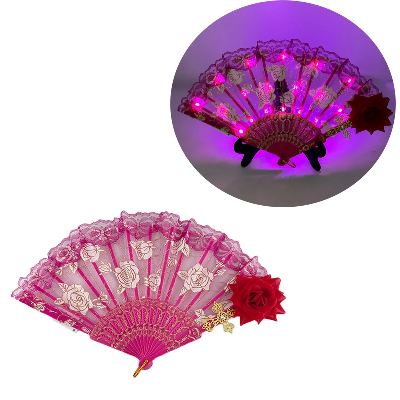 

Glow Dancing Performance Accessory Props LED Light Fan Black Pink Lace Rose Hand Fan For Girls Women Halloween Costumes Fan