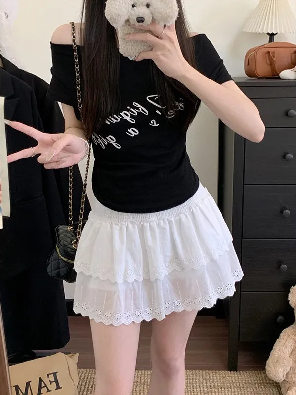 

plus Size Women's Gentle Lace Embroidery Trim A-Line Skirt Spring New Sle High Waist Fluffy Skirt Korean Sle Commute