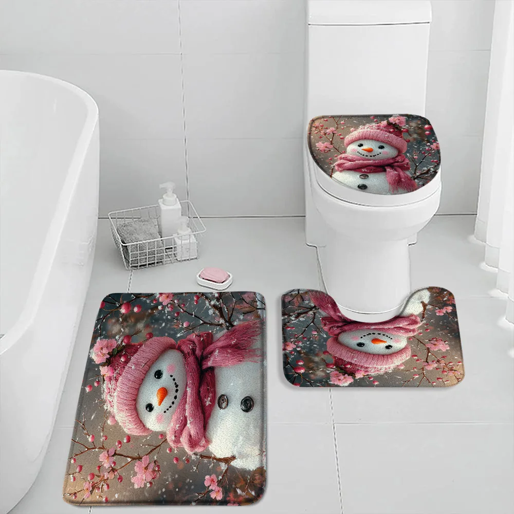

Cute Christmas Snowman Bath Mat Set Winter Pink Floral Snowflake Xmas Home Bathroom Decoration Floor Rugs Toilet Lid Cover
