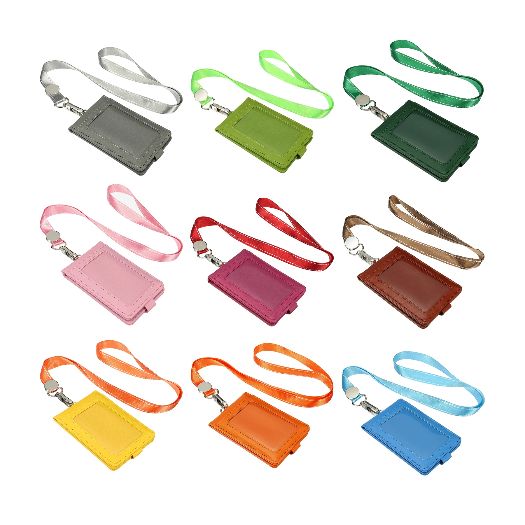 1Pcs PU Leather ID Badge Holder with Detachable Neck Lanyard Set Folded Credit Holder with 1 Clear Window 4 Card Slot for Office