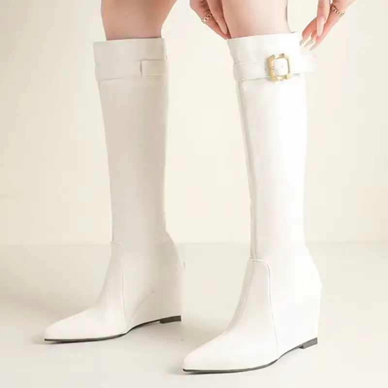 Wedges Knee High Boots Women Fashion Point toe White Black Heels Long Party Dance Boots Winter Shoes Men Waterproof Big Size 46