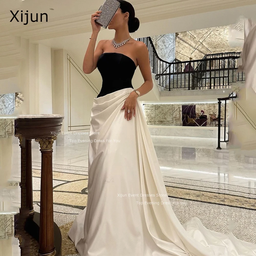 Xijun Classic White And Black Evening Dresses Strapless Satin Taffeta Pleats Women Long Prom Gowns Formal Party Dress Vestidos