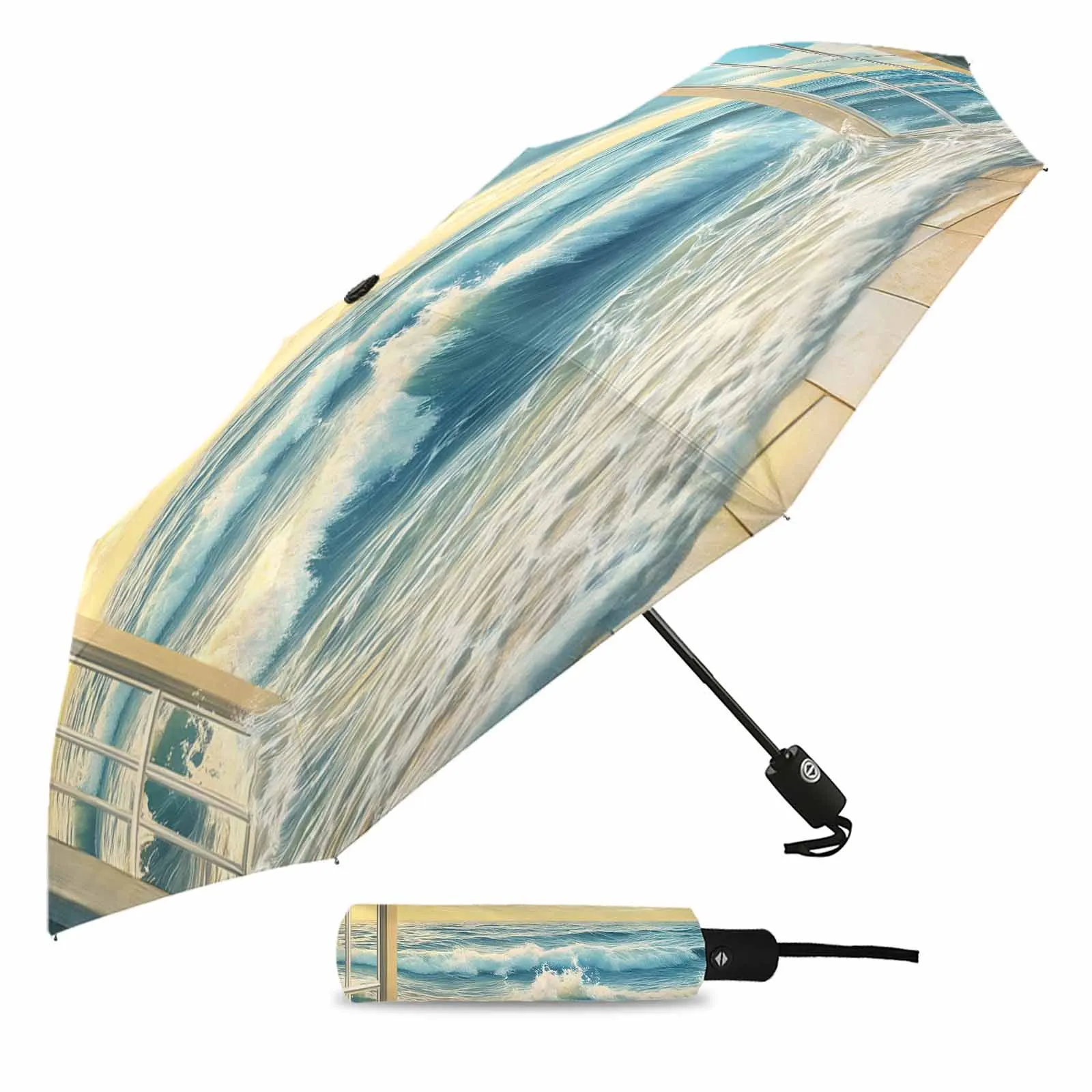 Window On The Ocean Waves Flower Automatic Umbrella for Rain Foldable Parasol Umbrella Eight strand Outdoor Umbrellas