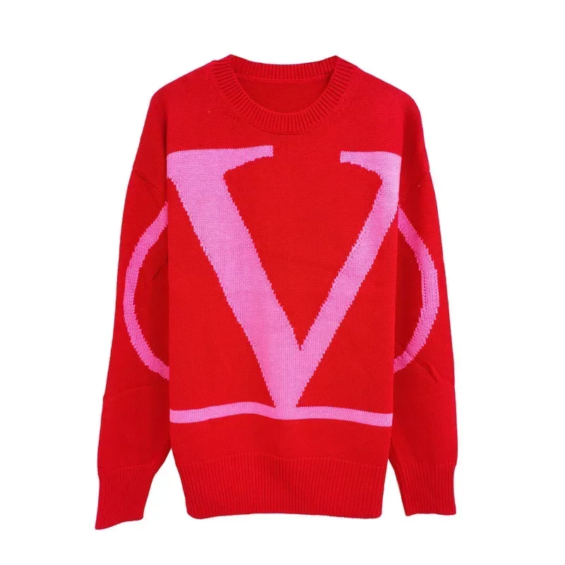 2024 New Large V Letter Embroidered Sweater Round Neck Long Sleeve Loose Knit Sweater T-shirt Top