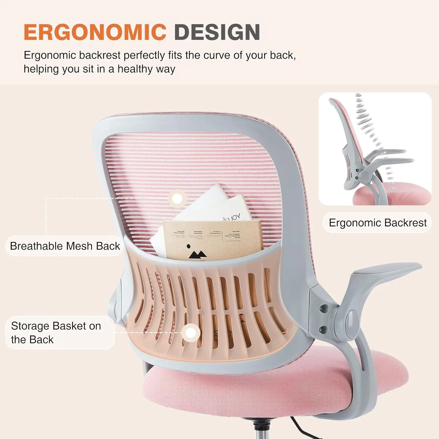 Ergonomic Mid-Back Mesh Office Chair with Lumbar Support, Flip-up Arms, Swivel, Rolling, Pink view 3