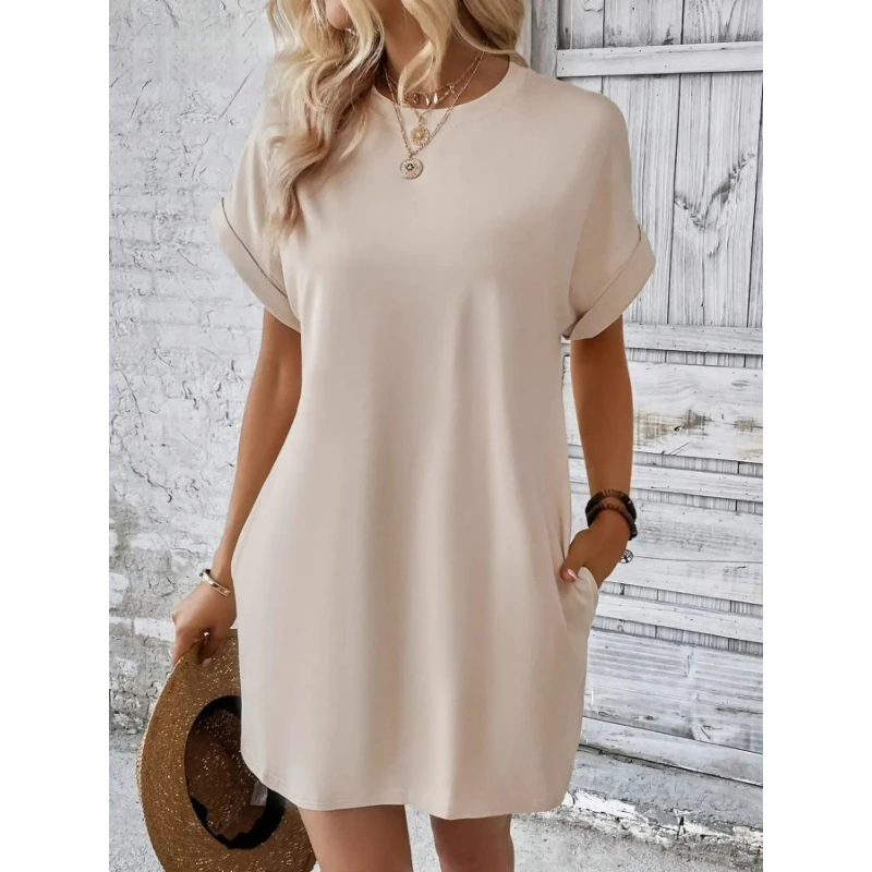 Women's Simple Solid Color Pocket Bat-Sleeve T-Shirt Dress, Summer Casual Round-Neck Short Dress with Rolled Sleeves, Casual Everyday Wear, Fashionable Women's Loose Dress, Apricot Color