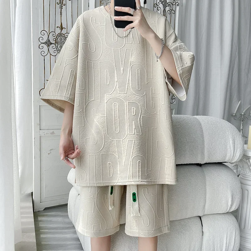 Korean Fashion Letter Men Sets Tshirts Shorts Hip Hop Casual Suit 2 Piece Set Summer Tracksuit Men 2025 New