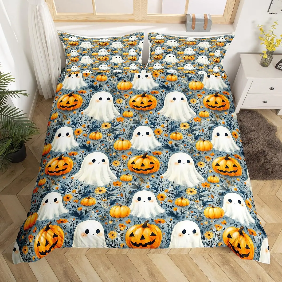 Cartoon Ghost Duvet Cover Twin Queen Happy Halloween Bedding Set Orange Pumpkin Flowers Rustic Comforter Cover with 2 Pillowcase