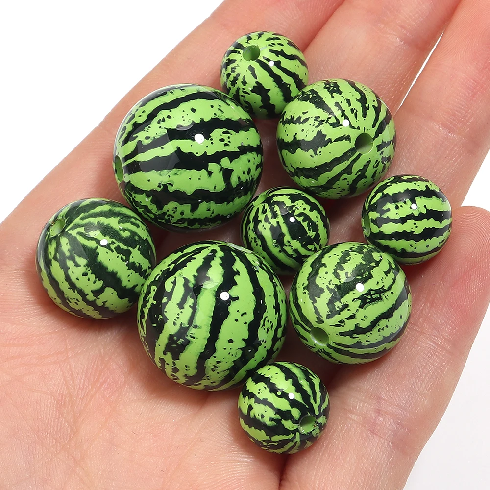 5-10 Buah Manik-manik Akrilik Buah Simulasi Manik-manik Semangka Manik-manik Longgar Bergaris untuk Membuat Perhiasan DIY Aksesori Gelang Kalung