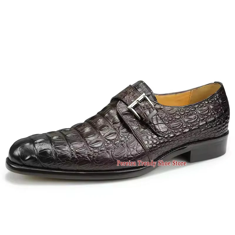 Crocodile Print Cowhide Business Casual Shoes Retro Metal Buckle Pointed Toe Formal Shoes Trendy Party Banquet Dress Men Shoes
