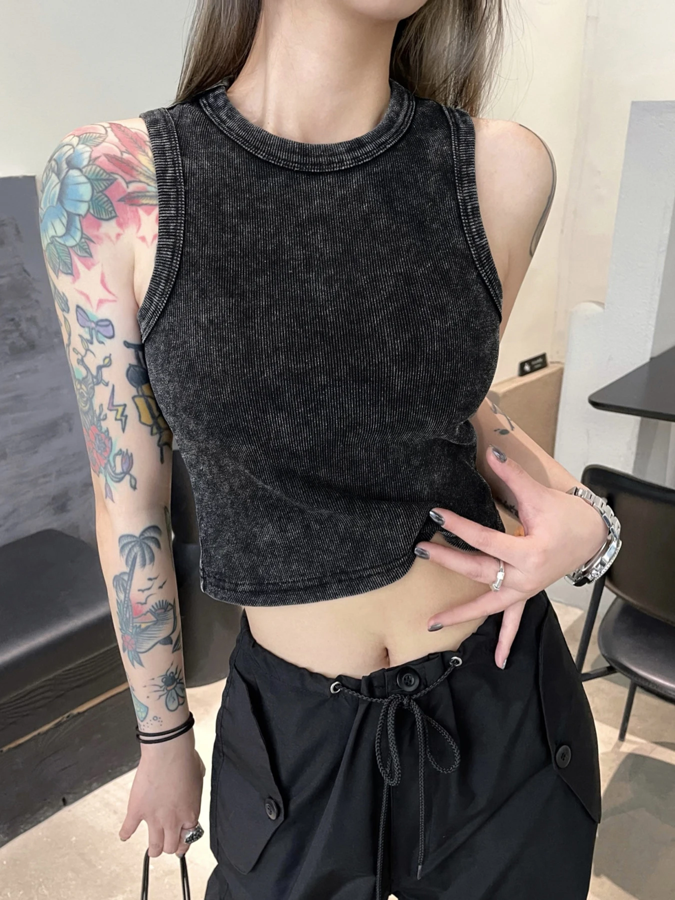 Y2k القطن الصلبة تانك القمم للمرأة الصيف مثير أكمام س الرقبة ضيق غسلها المحاصيل تيز عادية جميع الرياضيات الأساسية الشارع الشهير