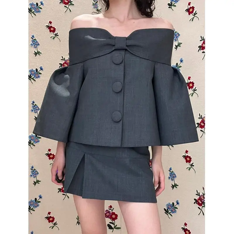 

Small Fragrant Grey Shirt Top Women's Summer New Fashion Bow Off Shoulder Age Reducing Half Skirt Set of Two Female Clothing