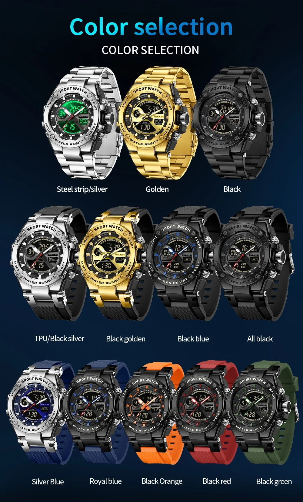 SANDA 3363 남성용 전자 시계 스포츠 다기능 방수 LED 듀얼 디스플레이 남성용 전자 시계