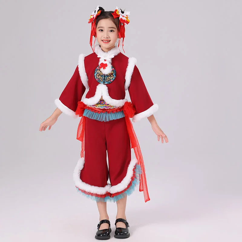 

Girls Elegant Umbrella Waist Drum Suit Performance Red Yangko Folk Dance Costume Chinese Style Fan Dance National Hanfu Clothing