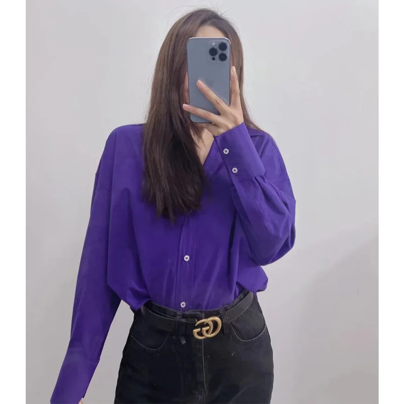 TRAF 2023 Purple Shirt Women Oversize Long Shirts for Women Button Up Shirts and Blouses Woman Long Sleeve Summer Top Female