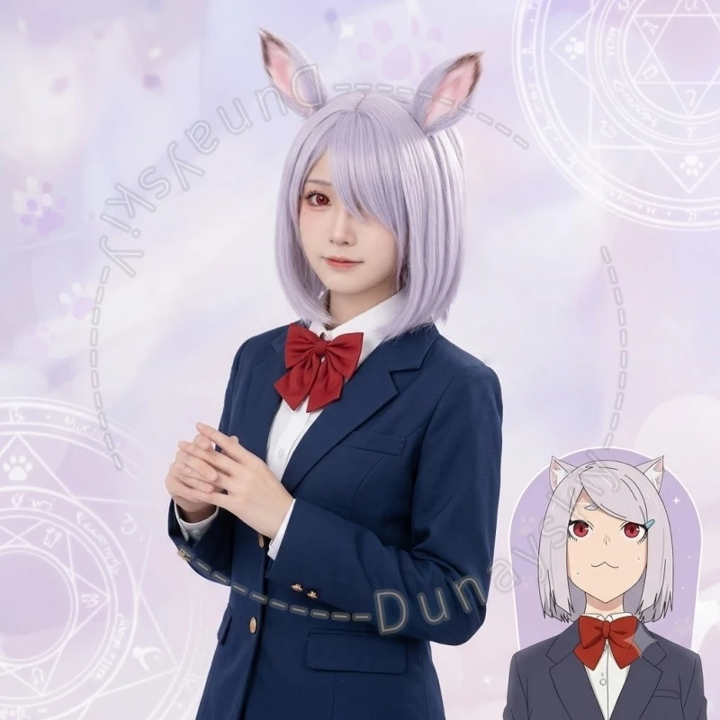 毛皮のファースーツ、イヤーウェア、尻尾、猫のコスプレ、イモコ・サトウ、アニメ、チェインスモーカー、カワイイ、ライトパープル、ショートウィッグ、合成毛、ハロウィンコスプレ