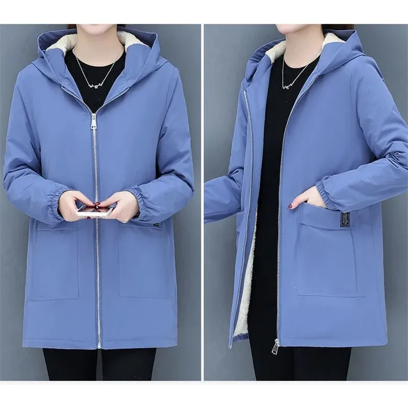 Winter Coats Woman 2024 Windbreaker Fleece Jacket Loose Fit Hooded Medium Long Overcoat Pocket Outerwears Women\'s Clothing