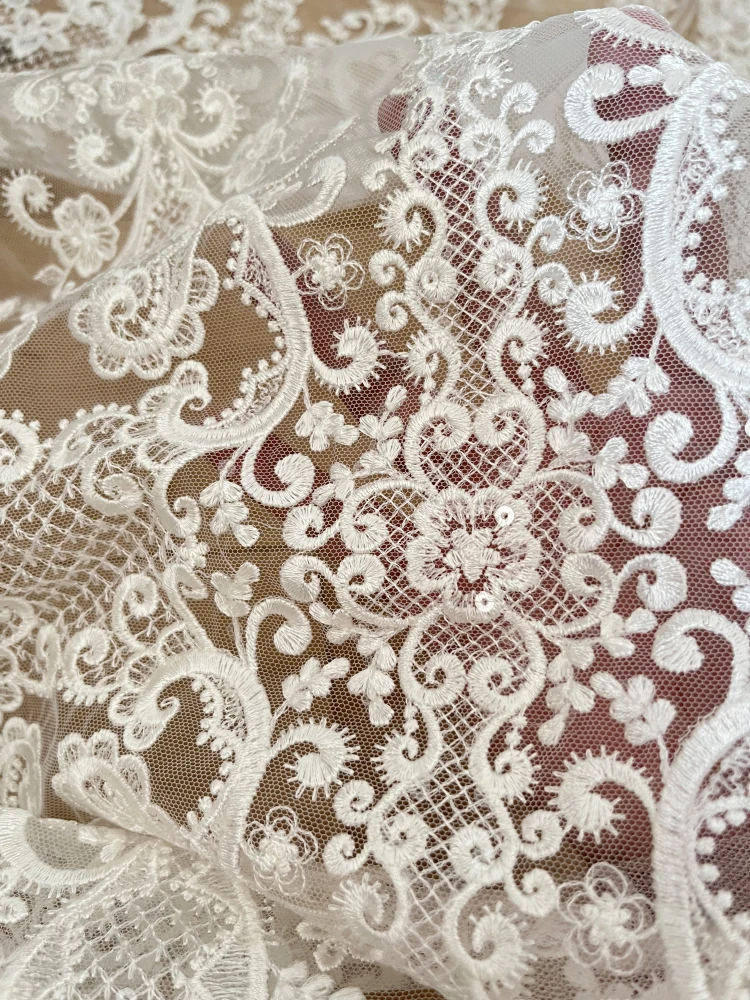 Embroidery Ivory Sequins Lace Fabrics Materials for Clothes Decoration Mariages French Lace Fabric Tulle 130CM Wide