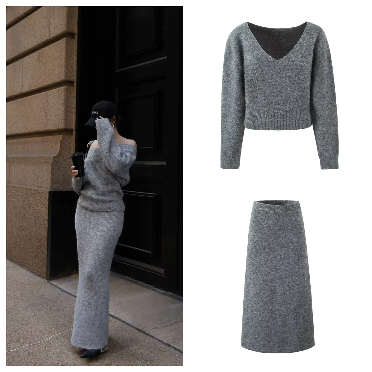 Autumn and winter new style lazy knitted suit for women V-neck pullover sweater with mid-length skirt