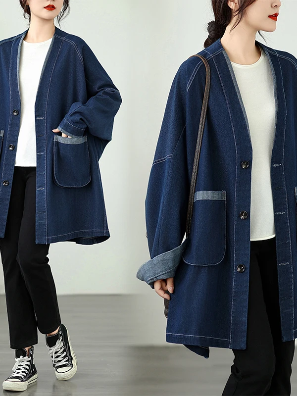 

New Chinese Sle ort Denim Jaet V-Ne Batwing Sve Casual Mid-Length Coat Original Design Autumn New Arrival