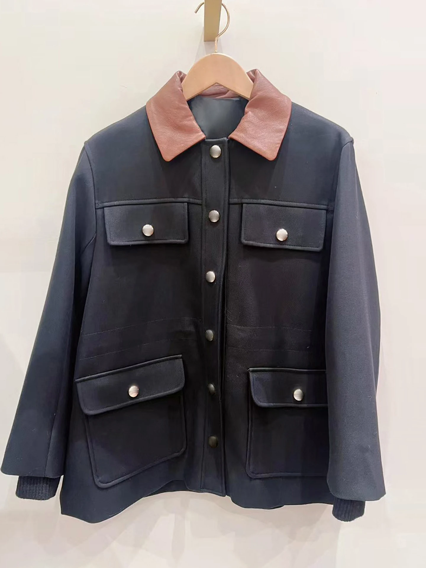 

M Home Nan You High End Women's Faion Retro Sle Jaet Collar Leather Single Button Coat Spring Autumn Seasonal Wear