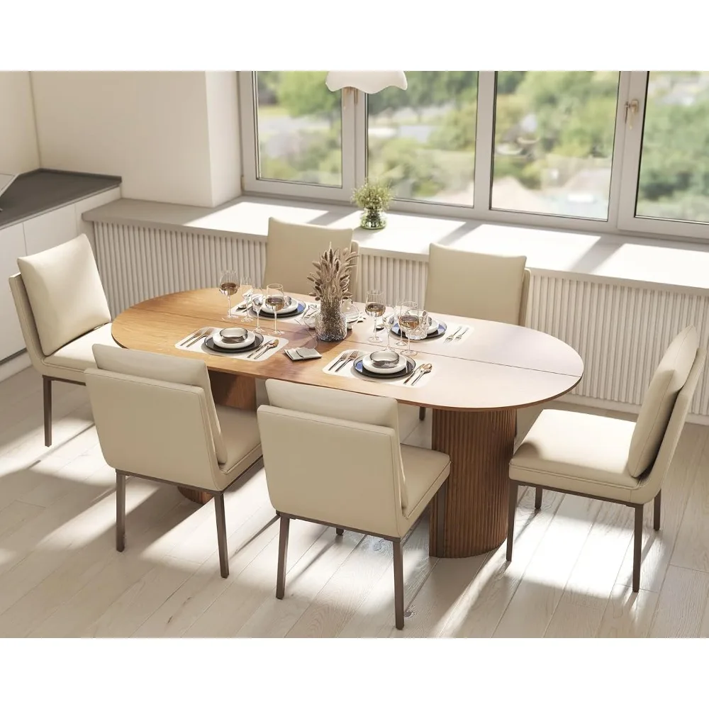 

​​Set of 6 Modern Dining Chairs – Beige Leather Upholstered, Mid-Century Armless Design, Kitchen & Dining RoomAccent Chairs​