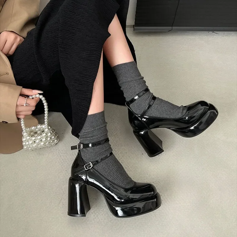 Platform Women Mary Jane Shoes Fashion Elegant Double Buckle Thick Heel Shoes Ladies Dress Pumps Retro 7cm High Heel Party Shoes