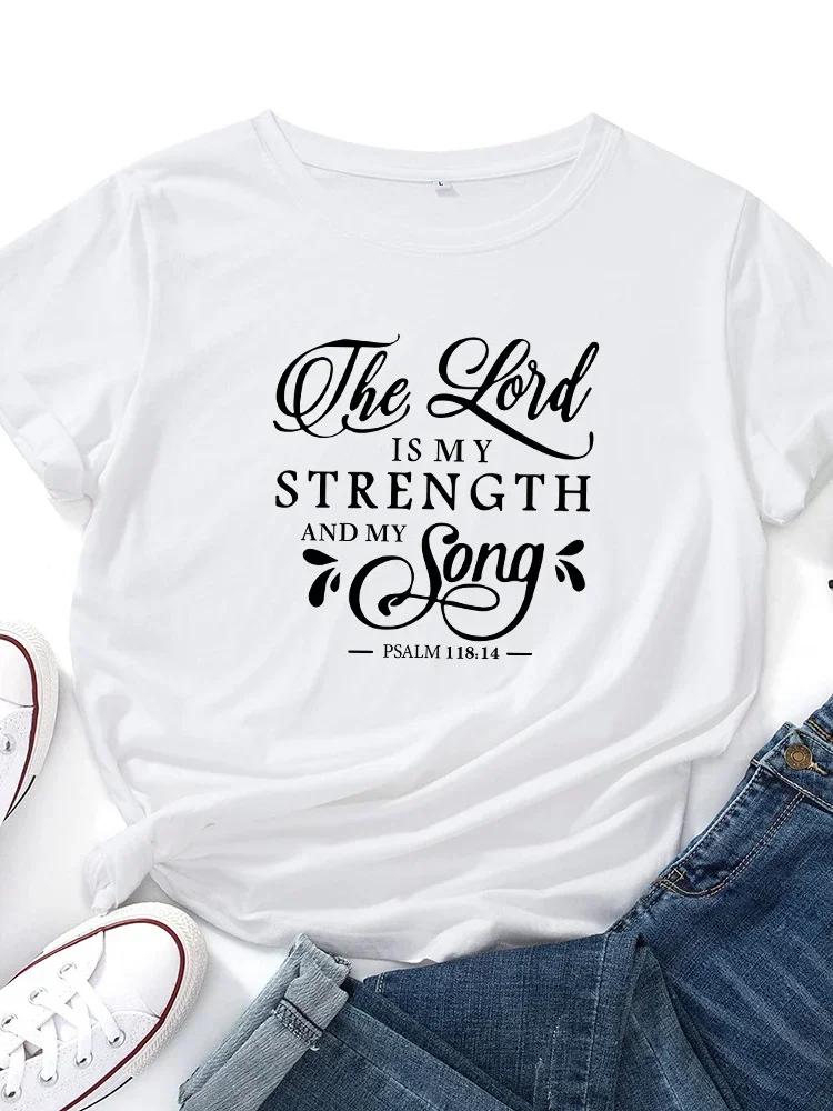 เสื้อยืดพิมพ์ลาย Lord IS My Strength เสื้อยืดคอกลมแขนสั้นทรงหลวมสำหรับผู้หญิงใส่ในฤดูร้อนเสื้อยืดลำลองเสื้อท่อนบน