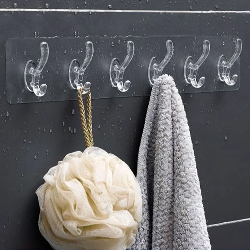 6 Hooks Transparent Holder Rack Bathroom Towel Sponge Storage Hanger Living Room Hat Clothes Seamless Hook Organiser