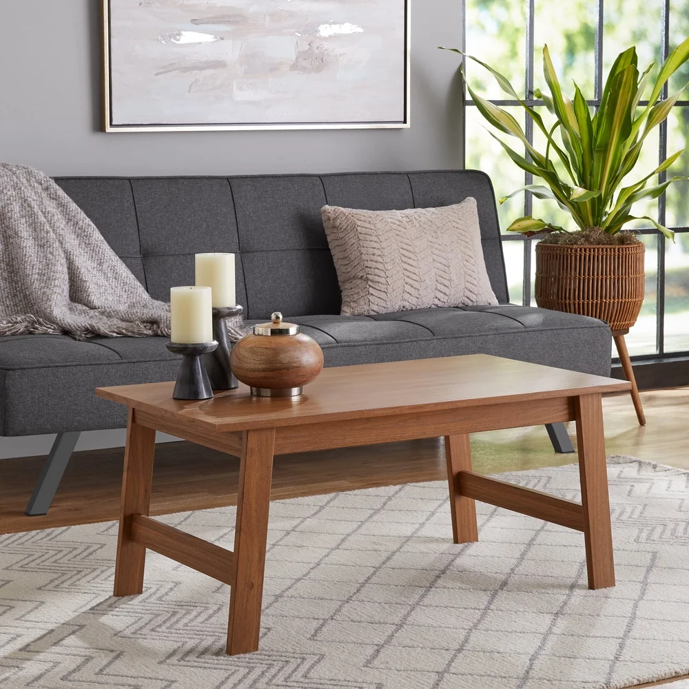 Wood Rectangle Coffee Table Walnut Finish Indoor Versatile Placement Spacious Top Surface Functional Storage Living Room