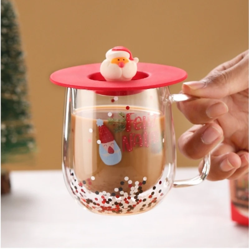 250 مللي كوب زجاجي معزول بطبقة مزدوجة سانتا شجرة عيد الميلاد كوب قهوة زجاجي أكواب عصير الحليب مع غطاء ومقبض هدية عيد الميلاد