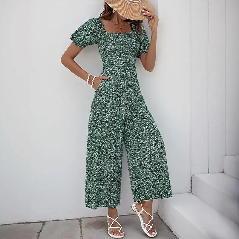 

Square Collar Wide Leg Printed Jumpsuit High Waist Long Pants Thin Polyester Fiber Commute Sle Spring Collection