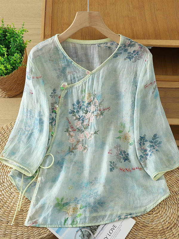 

Retro Chinese Embroidered Loose Fit round Neck Shirt Women's plus Size Casual Versatile Shirt Floral Pattern Seven Sleeve