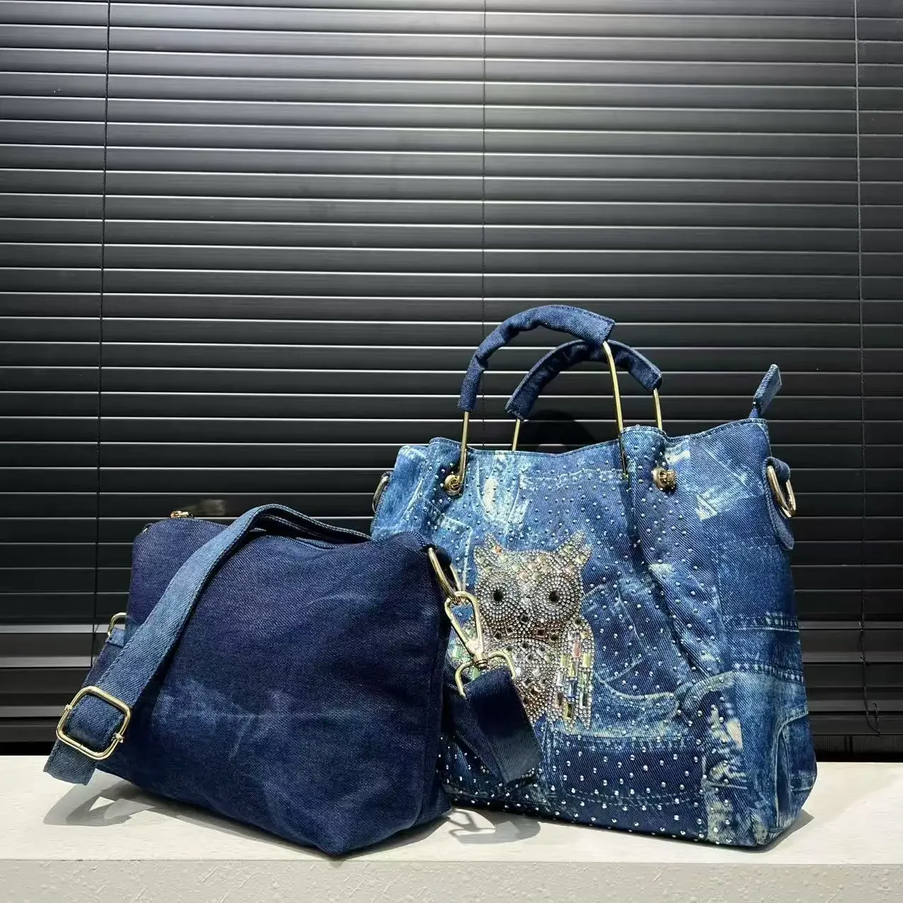 

Ladies' fashionable and elegant diamond studded tote bag, washed gradient mother and child shiny handbag