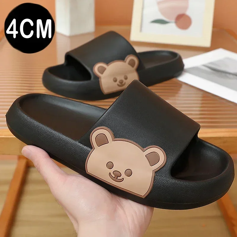 2024 Summer Women Slippers Beach Slides Cartoon Bear Flip Flops Men\'s Thick Sole Indoor Bathroom Anti-Slip Shoes Couple Sandals