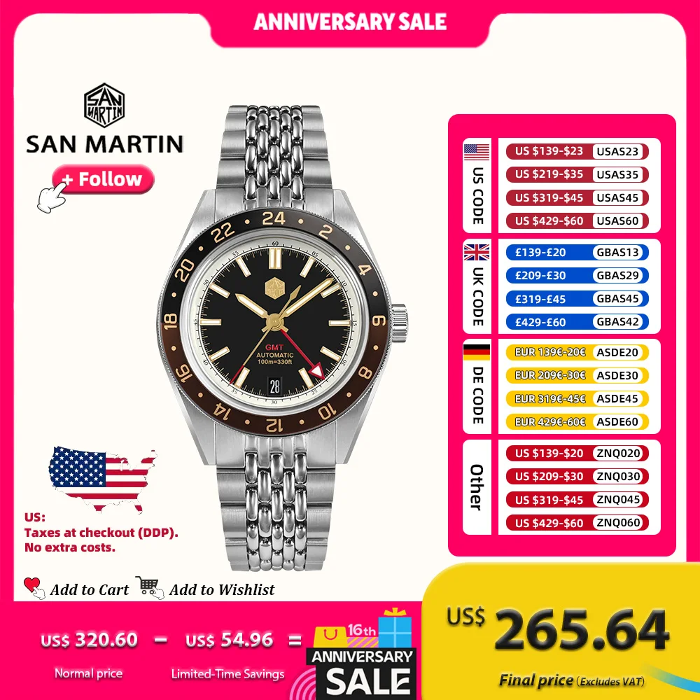 

San Martin Watch Design 39.5mm NH34 Luxury GMT Aluminum Bezel Automatic Mechanical Watches for Men Sapphire 100m Luminous SN0116