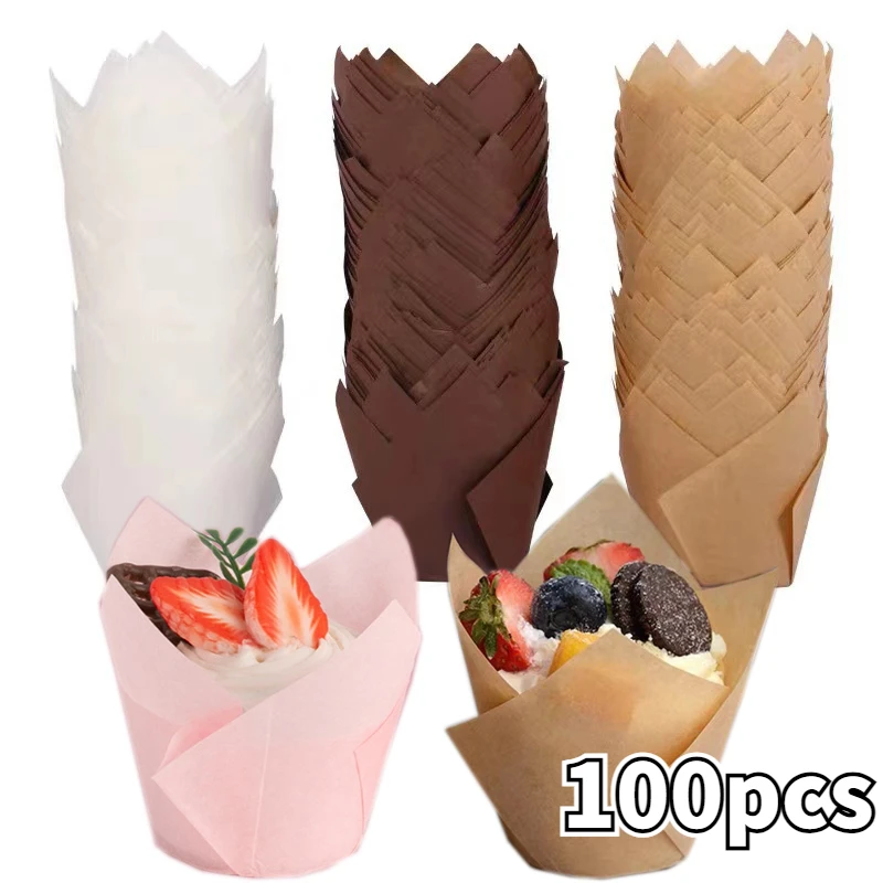 

100pcs Cupcake Liners Paper Cups Tulip Muffins Paper Moulds for Wedding Party Cake Decorating Tool Muffin Wrap Cases Baking Tool