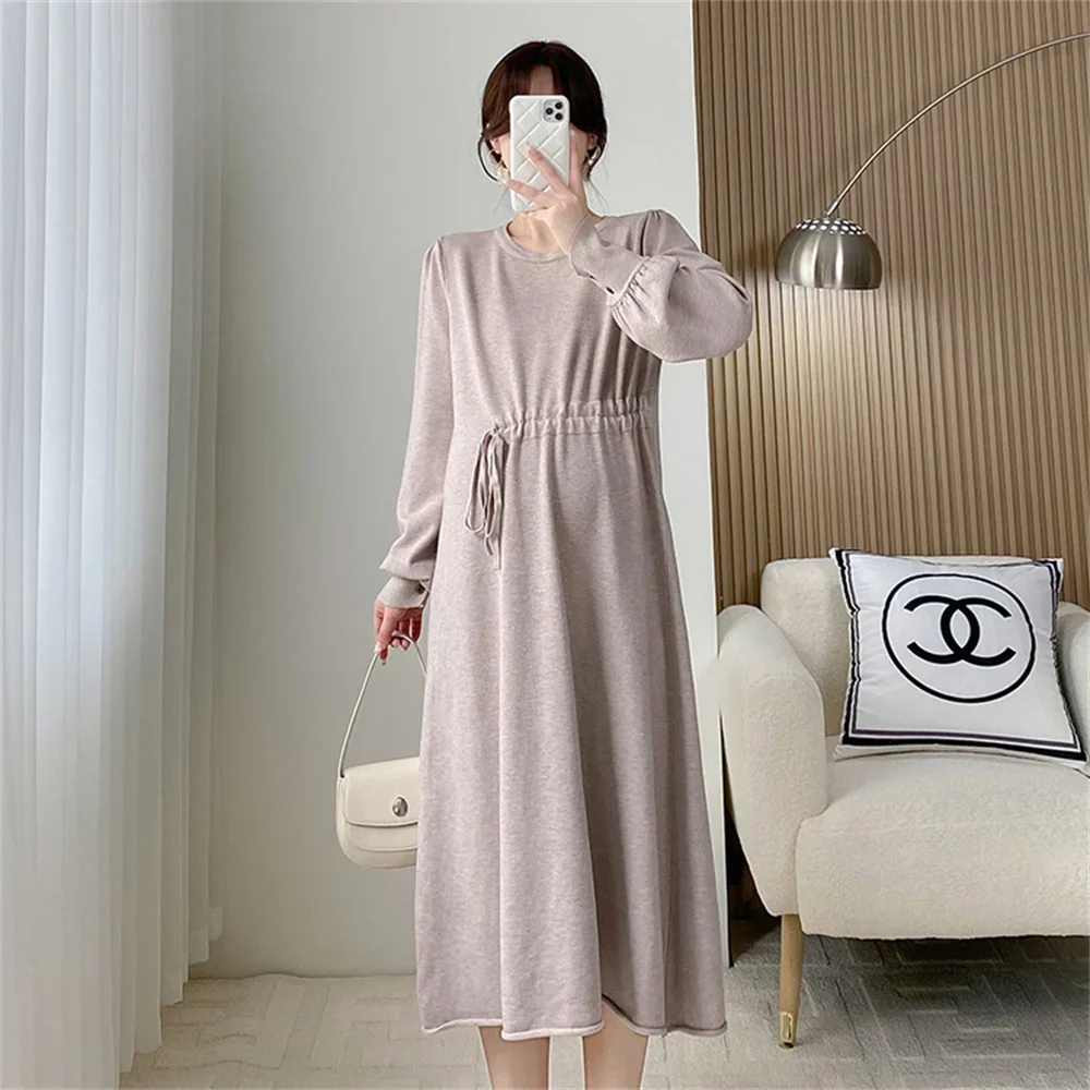 spring and autumn new pregnant women's  loose over knee sweater dress draw rope loose and stylish design sense knit bottom dress