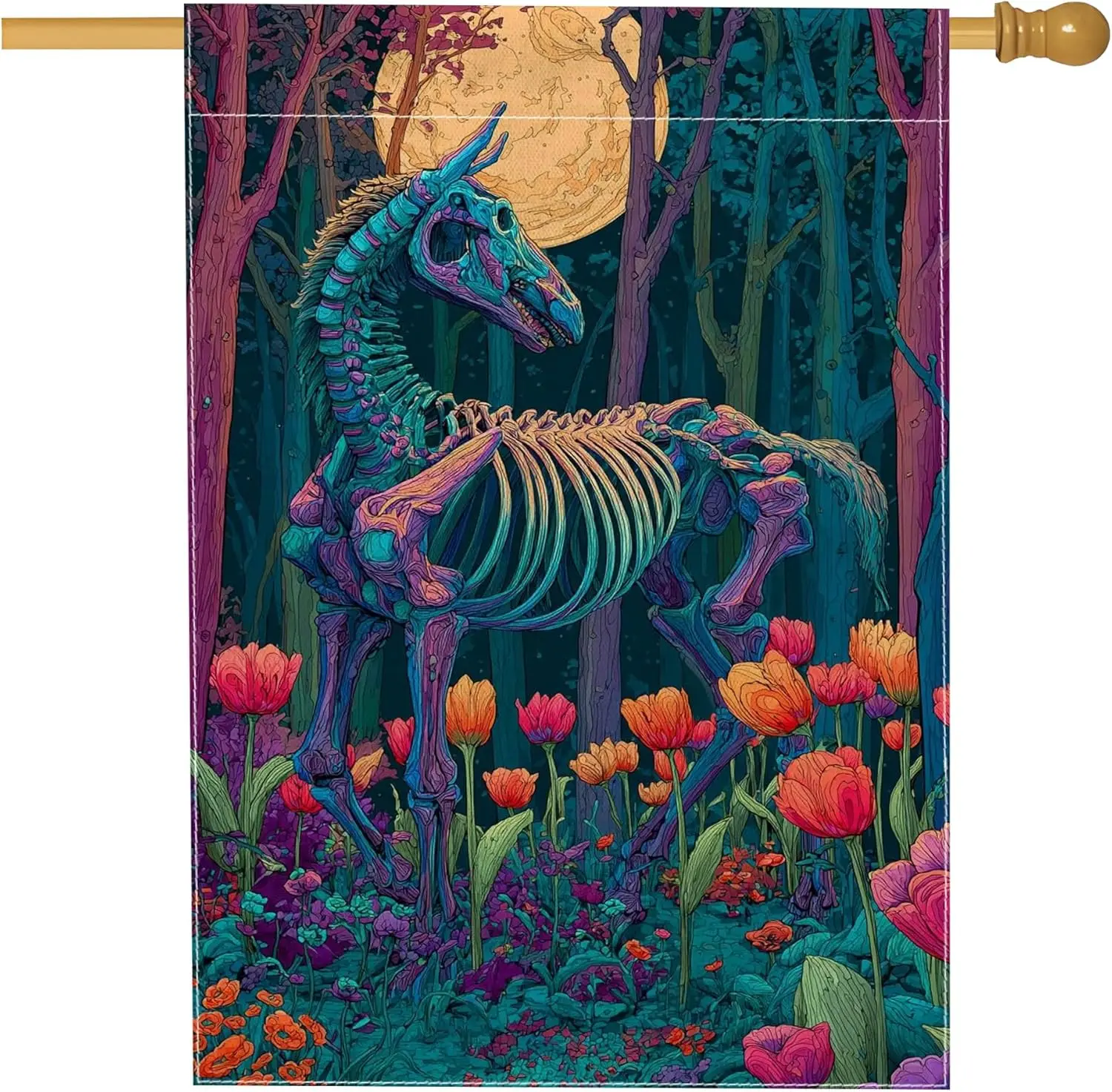 Spooky Floral Garden Flag, Colorful Skeleton Horse with Flowers Home Decor Banner, Double Sided Burlap Yard Flag for Hallowe yyi