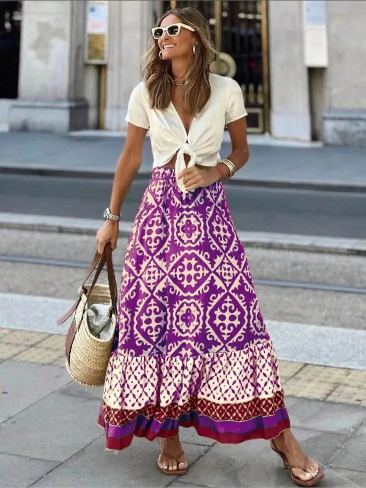 Boho Retro Floral Print Skirts Women 2024 Summer High Waist A-Line Pleated Long Skirts Casual Holiday Beach Skirt Women Clothing