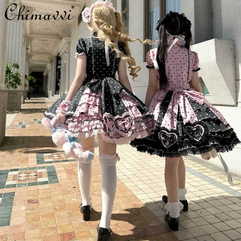 スイートハート水玉模様ロリータオプドレス春と夏の新しいかわいいちょう結びガールレディースエレガントパーティープリンセスパフィードレス