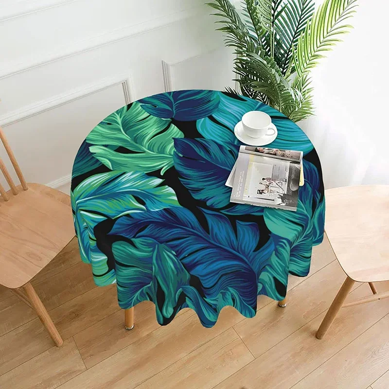 Tropical Palm Leaves and Flower Round Tablecloth Resistant Water-Proof Circular Table Cover Decorative for Kitchen Dining Picnic