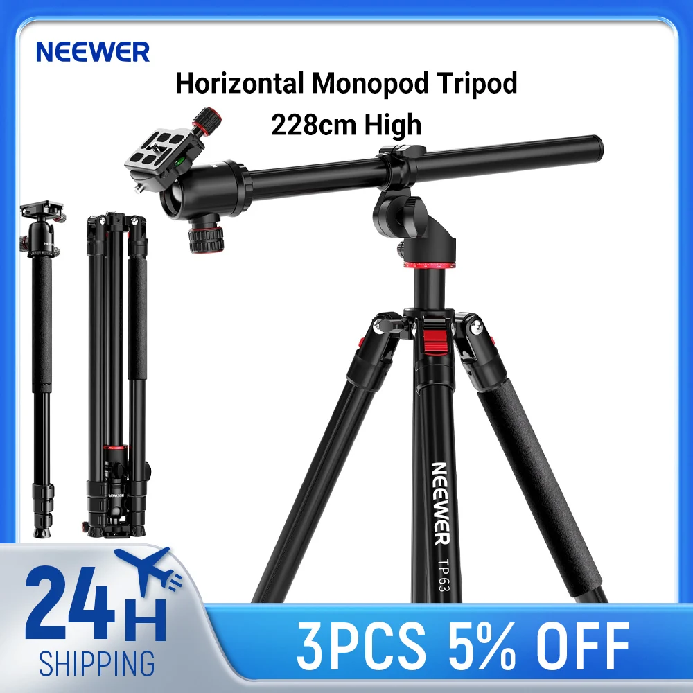 NEEWER Horizontal Monopod Tripod for Camera with Ball Head and Flexible Center Column, 228cm High Metal DSLR Video Travel Stand