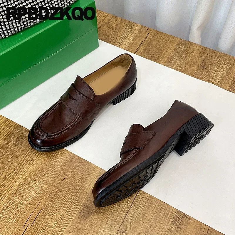 Women Shallow Low Heel Loafers Japanese School Round Toe Catwalk Shoes Chunky Handmade Slip On Full Grain Leather Brown Brand